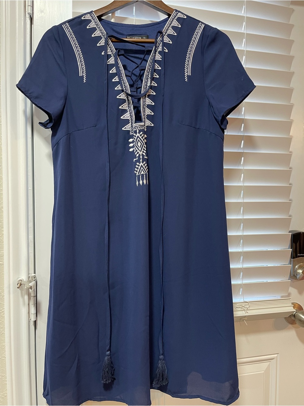 SHEIN Navy Blue Embroidered Lace-Up Mini Dress
